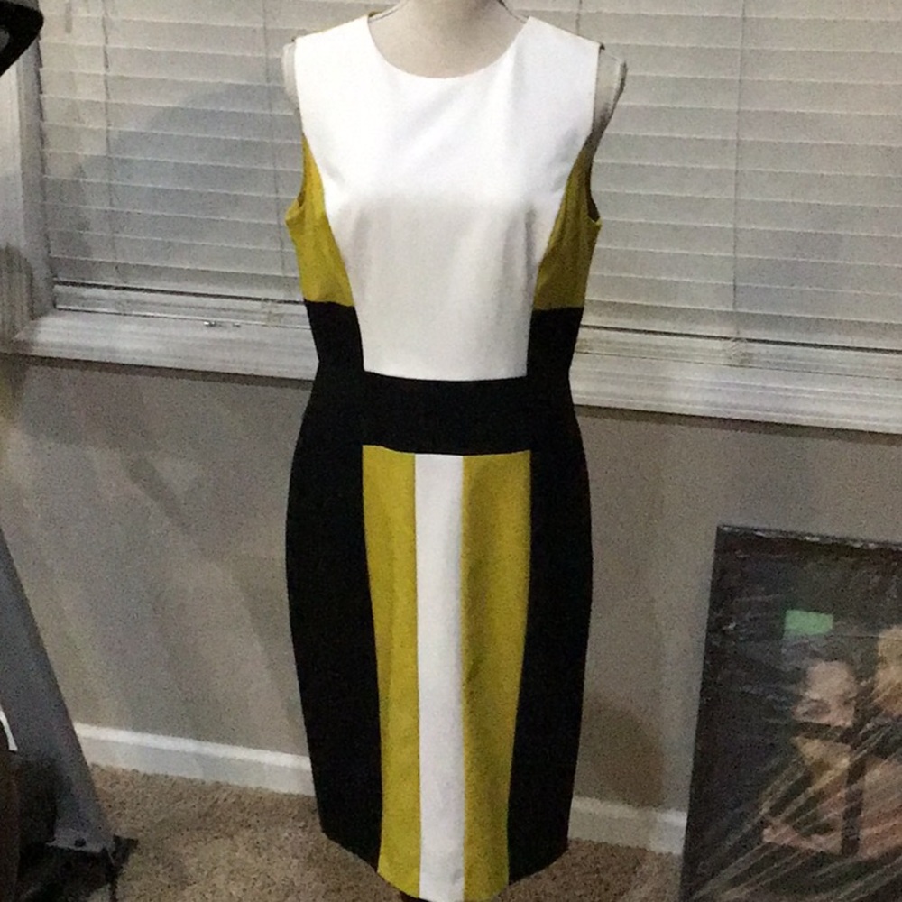 Calvin Klein Colorblock Midi Sheath Dress in White, Olive, Black